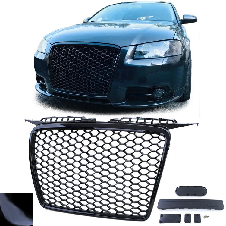 Frontgrill med honeycomb-design utan emblem blanksvart till Audi A3 8P 2003-2008