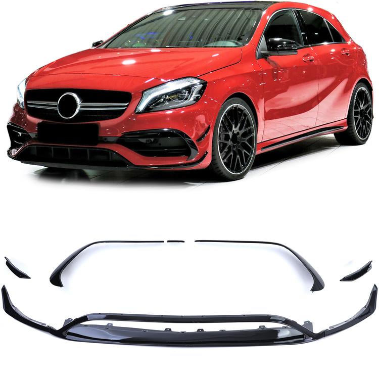 Frontspoilerläpp blanksvart för Mercedes A-klass W176 2015–2018