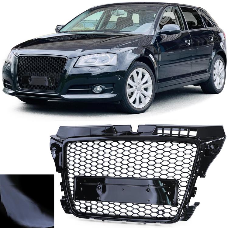 Frontgrill sportutförande honeycomb-design blanksvart utan emblem till Audi A3 8P 2008-2013