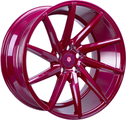 Imaz Wheels IM5L Röd aluminiumfälg monterade på bil i stämnigsfull miljö