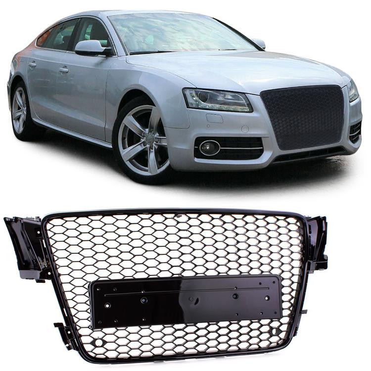 Frontgrill sportutförande honeycomb-design blanksvart utan emblem till Audi A5 8T 8F 2007-11