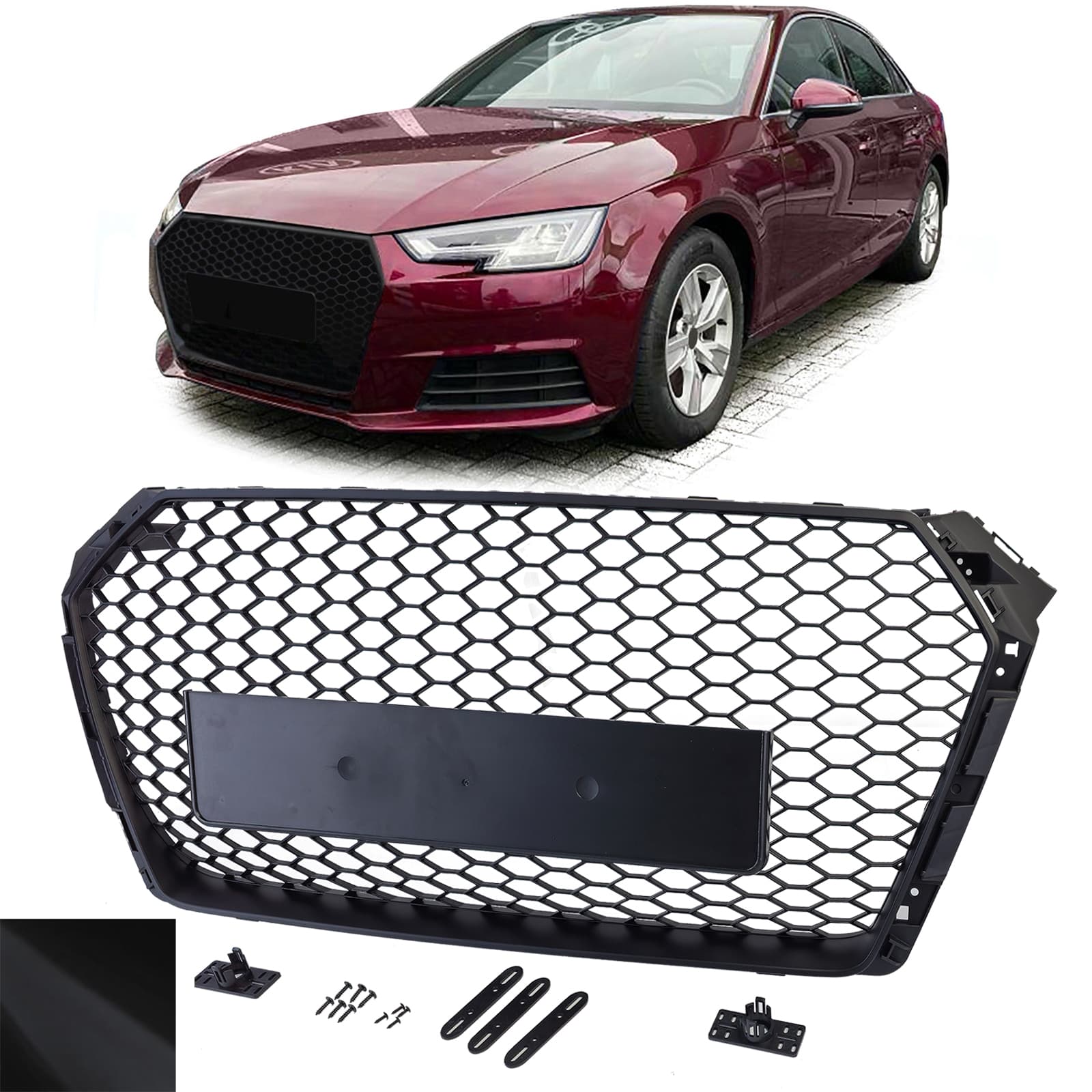 Frontgrill sportutförande honeycomb-design mattsvart utan emblem till Audi A4 B9 8W 2015-19